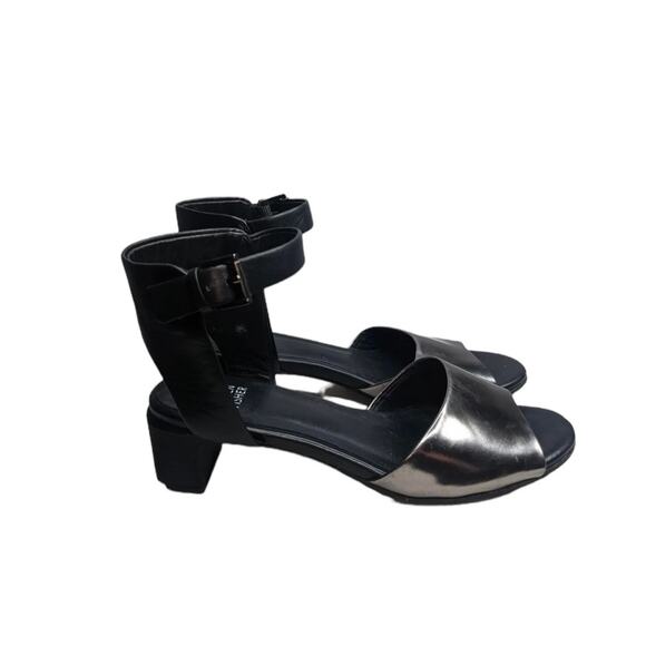 Eileen vm Fisher Vero Cuoio Black Metallic Silver Buckle Leather Sz 8.5 Sandal C - Picture 1 of 9